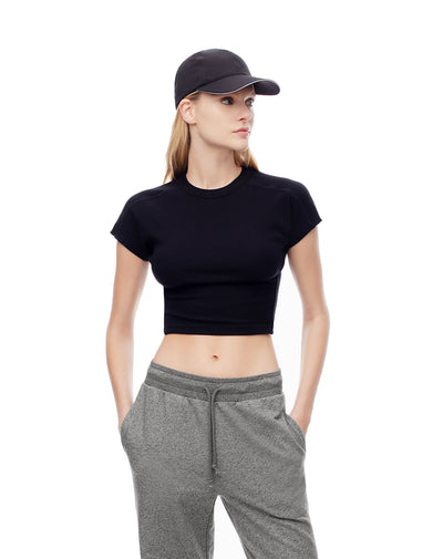 Camiseta crop slim rib algodón negro mujer