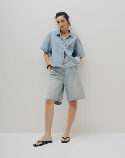 Bermuda denim tiro alto índigo medio mujer