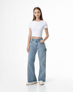 Jean wide leg tiro medio 4 bolsillos indigo medio para mujer