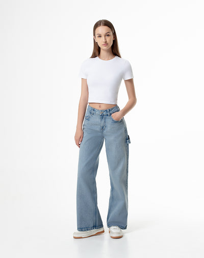 Jean wide leg tiro medio 4 bolsillos indigo medio para mujer
