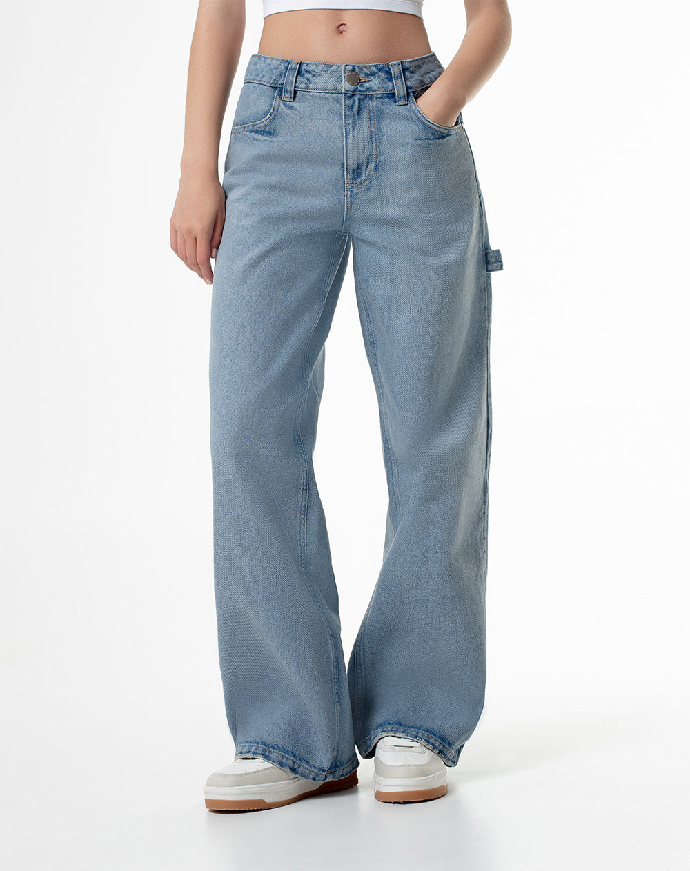 Jean wide leg tiro medio 4 bolsillos indigo medio para mujer