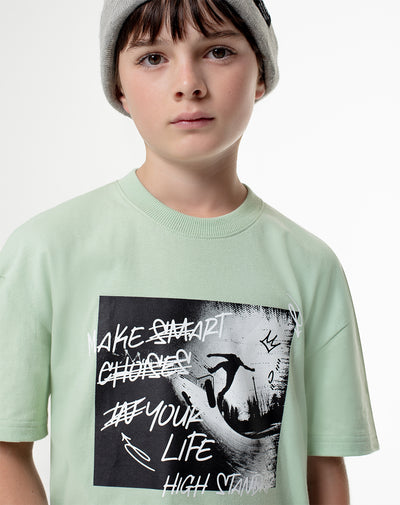 Camiseta regular algodón verde estampada niño