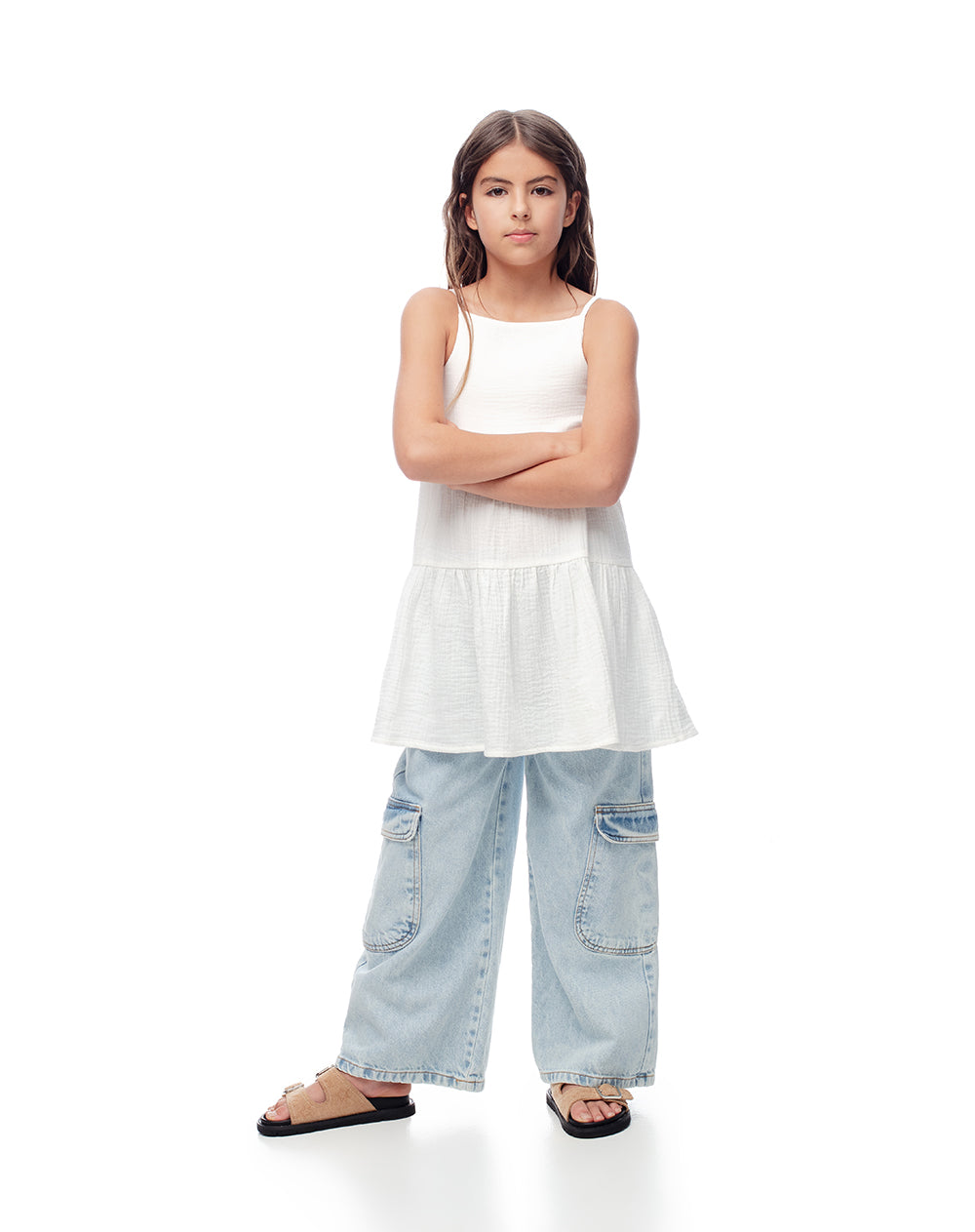 Vestido corto bloques algodón blanco niña