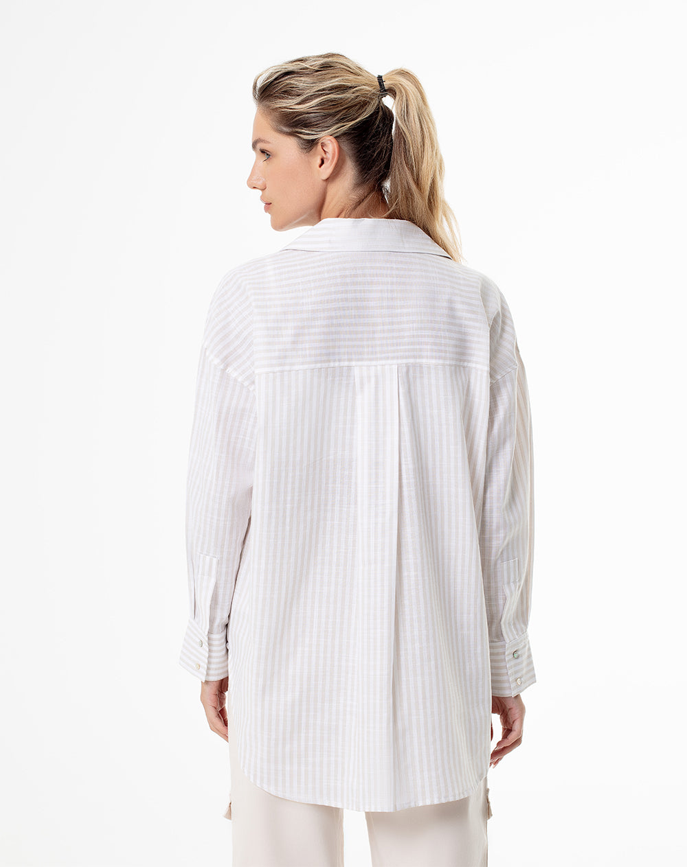 Blusa Mujer Manga Larga A Rayas - Corte Oversize, Con Bolsillo Y Botones, Tela Ligera
