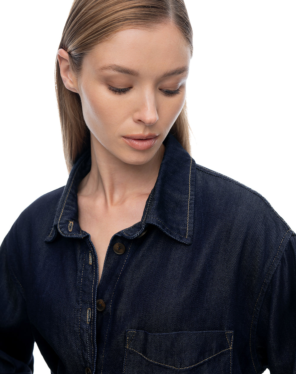 Camisa manga larga regular denim índigo oscuro mujer