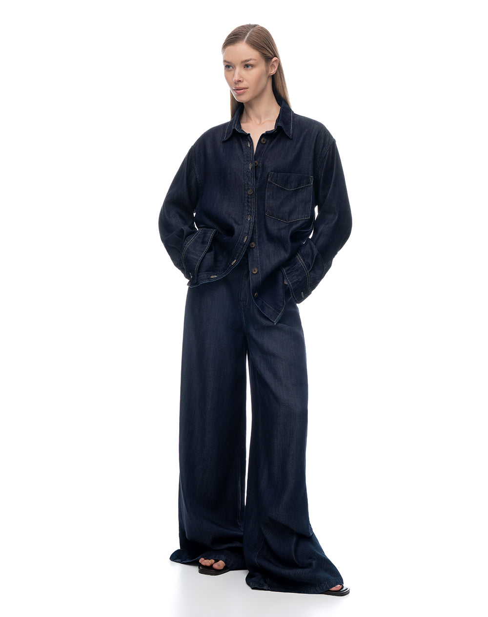 Camisa manga larga regular denim índigo oscuro mujer