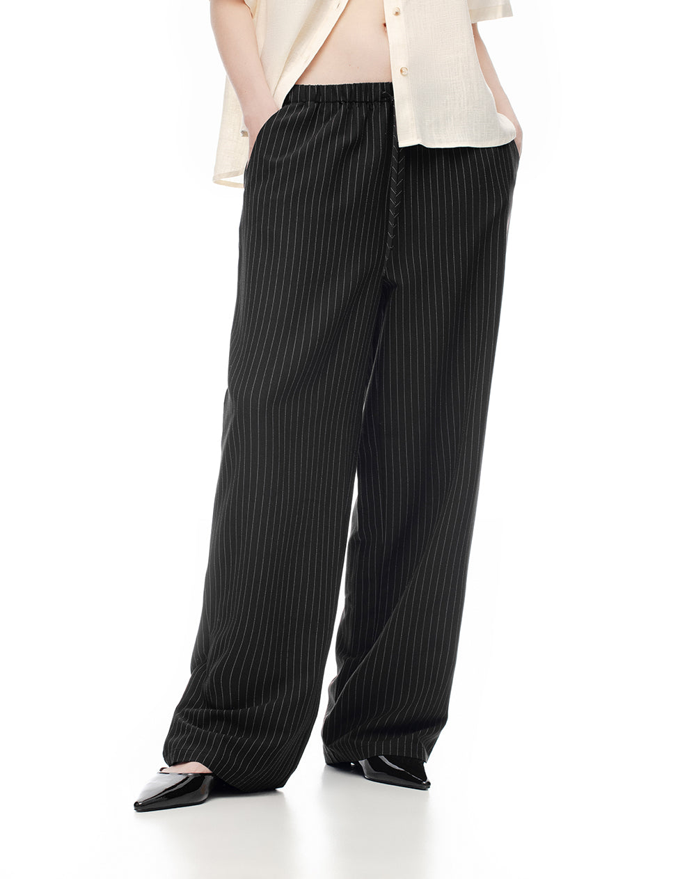 Pantalón wide leg tiro alto negro rayas mujer
