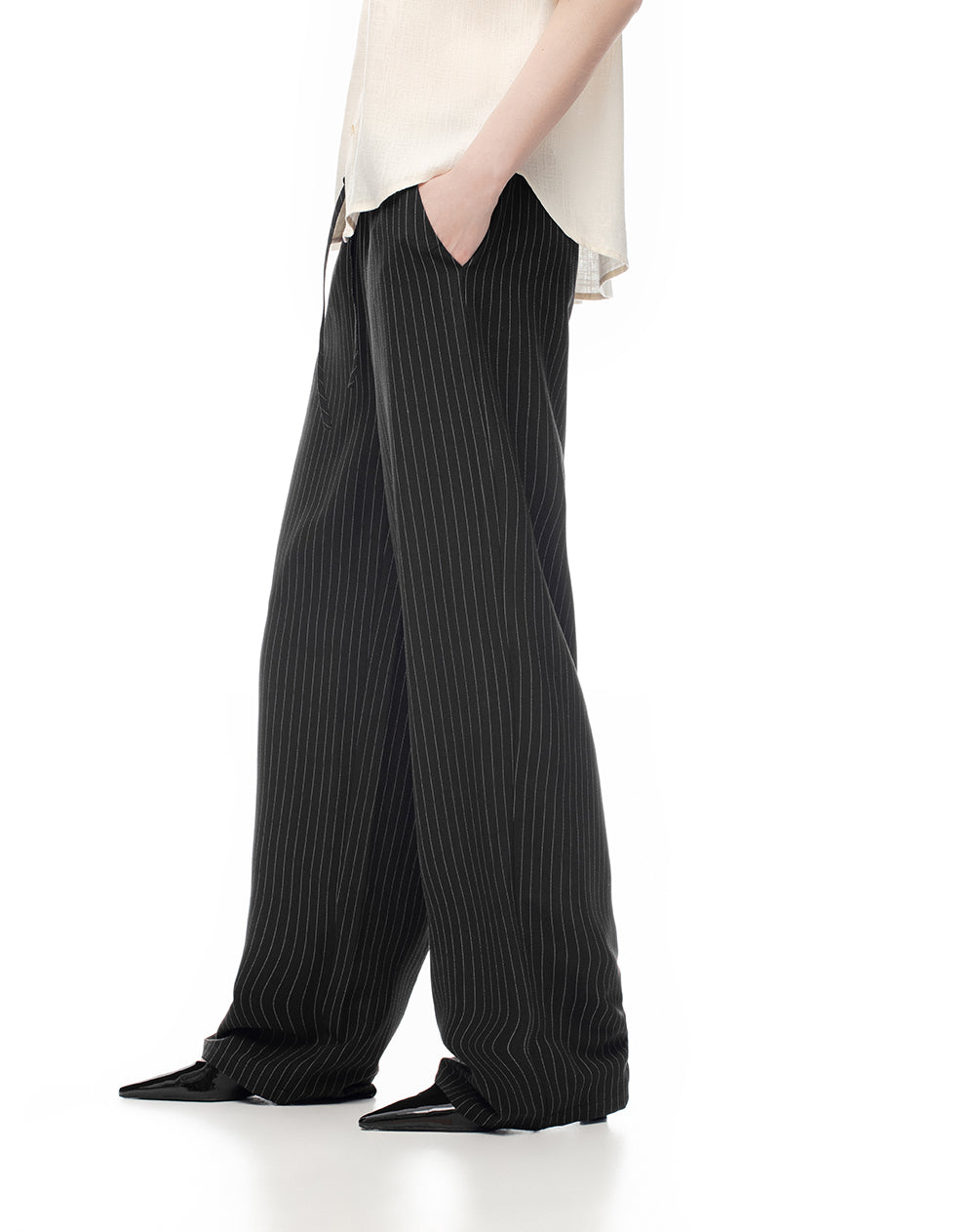 Pantalón wide leg tiro alto negro rayas mujer