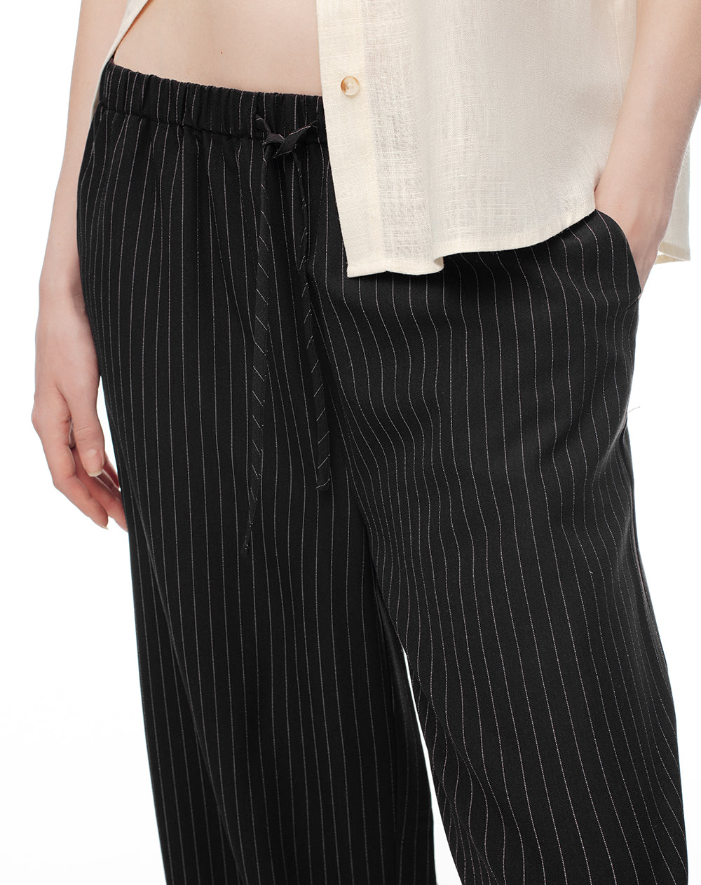 Pantalón wide leg tiro alto negro rayas mujer