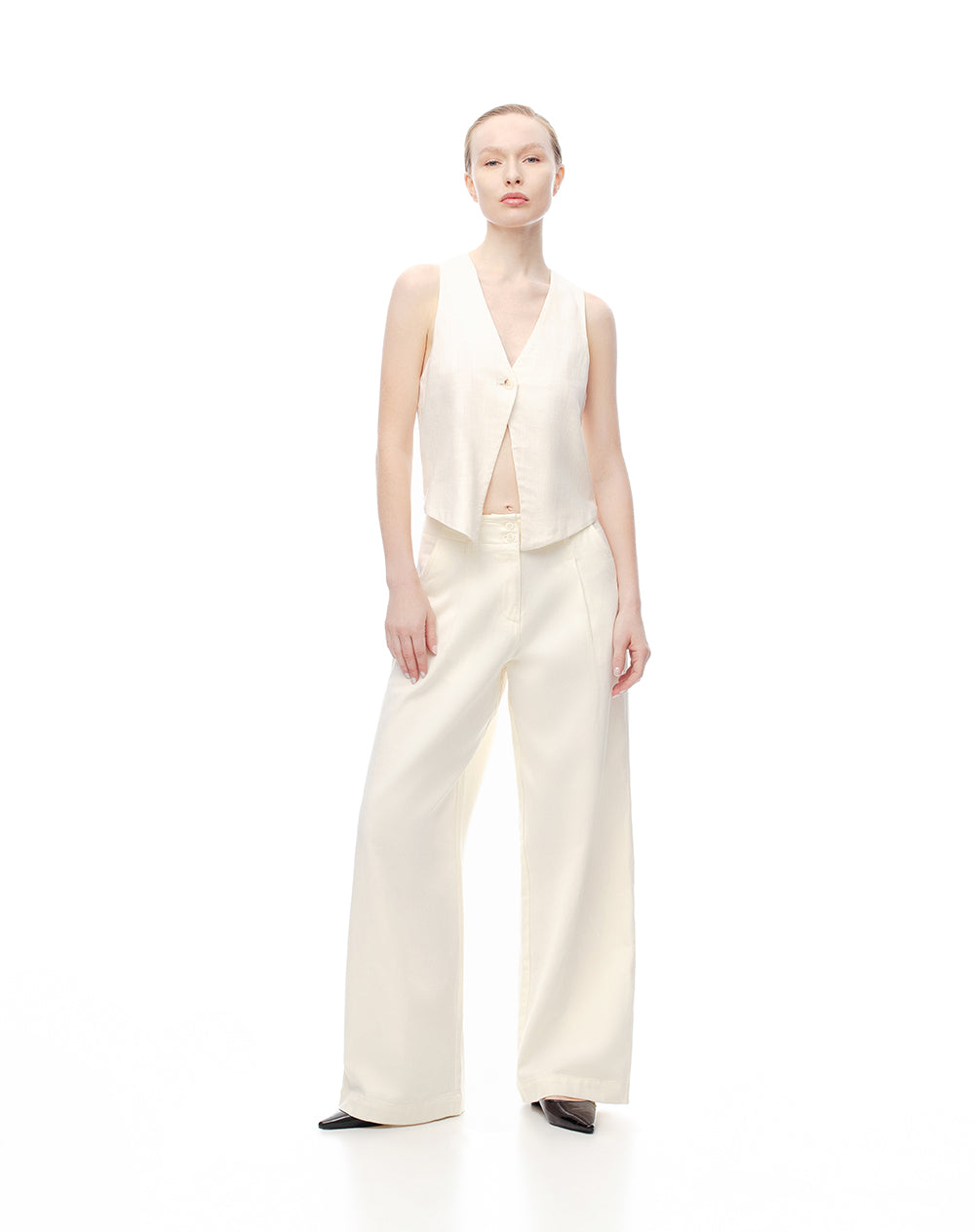 Pantalón wide leg tiro alto denim 100% algodón habano mujer