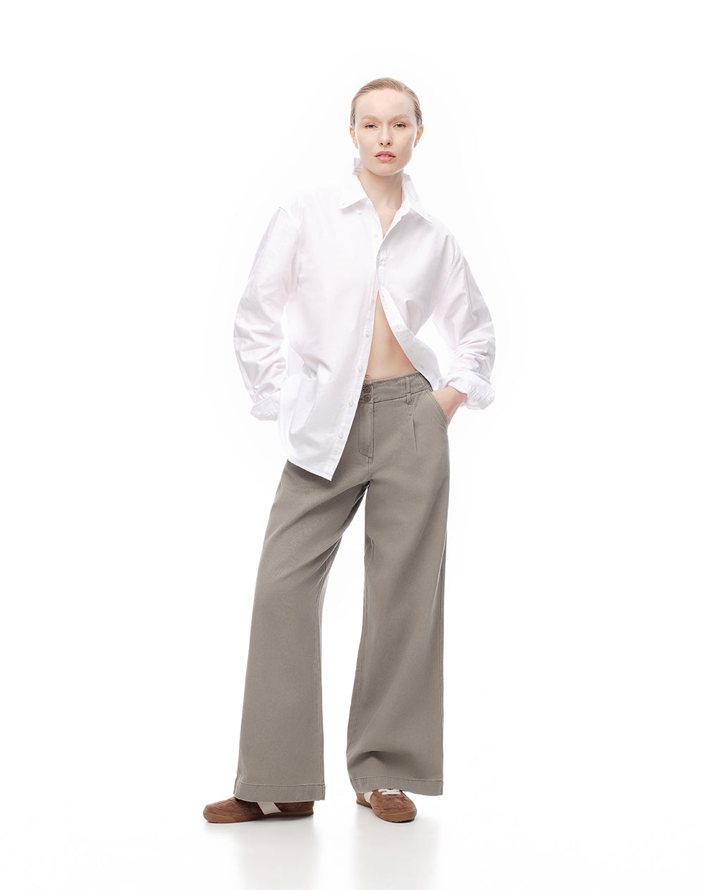 Pantalón wide leg tiro alto denim 100% algodón verde mujer