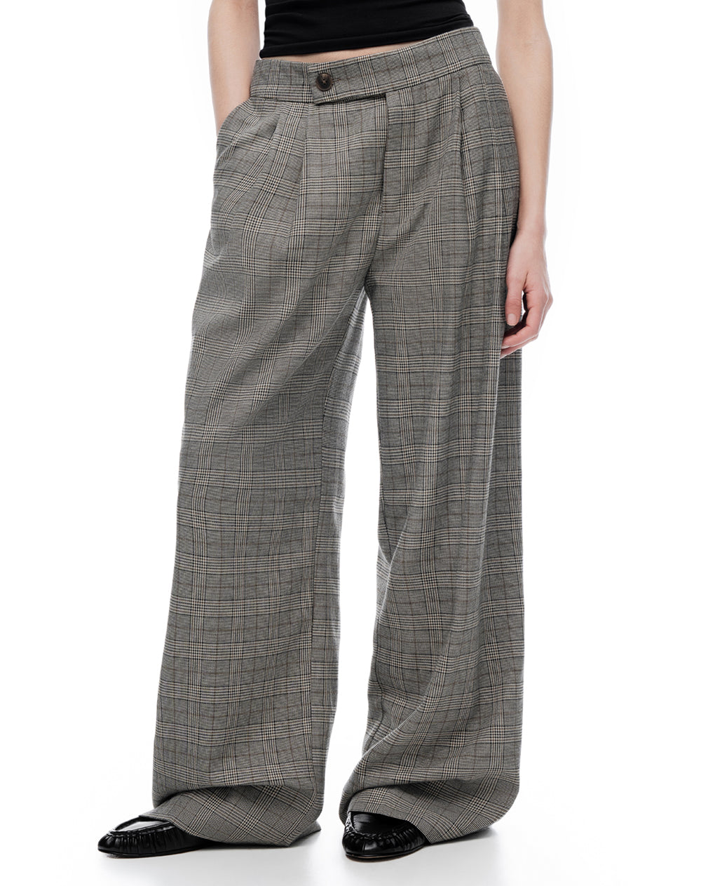 Pantalón wide leg tiro medio café cuadros mujer