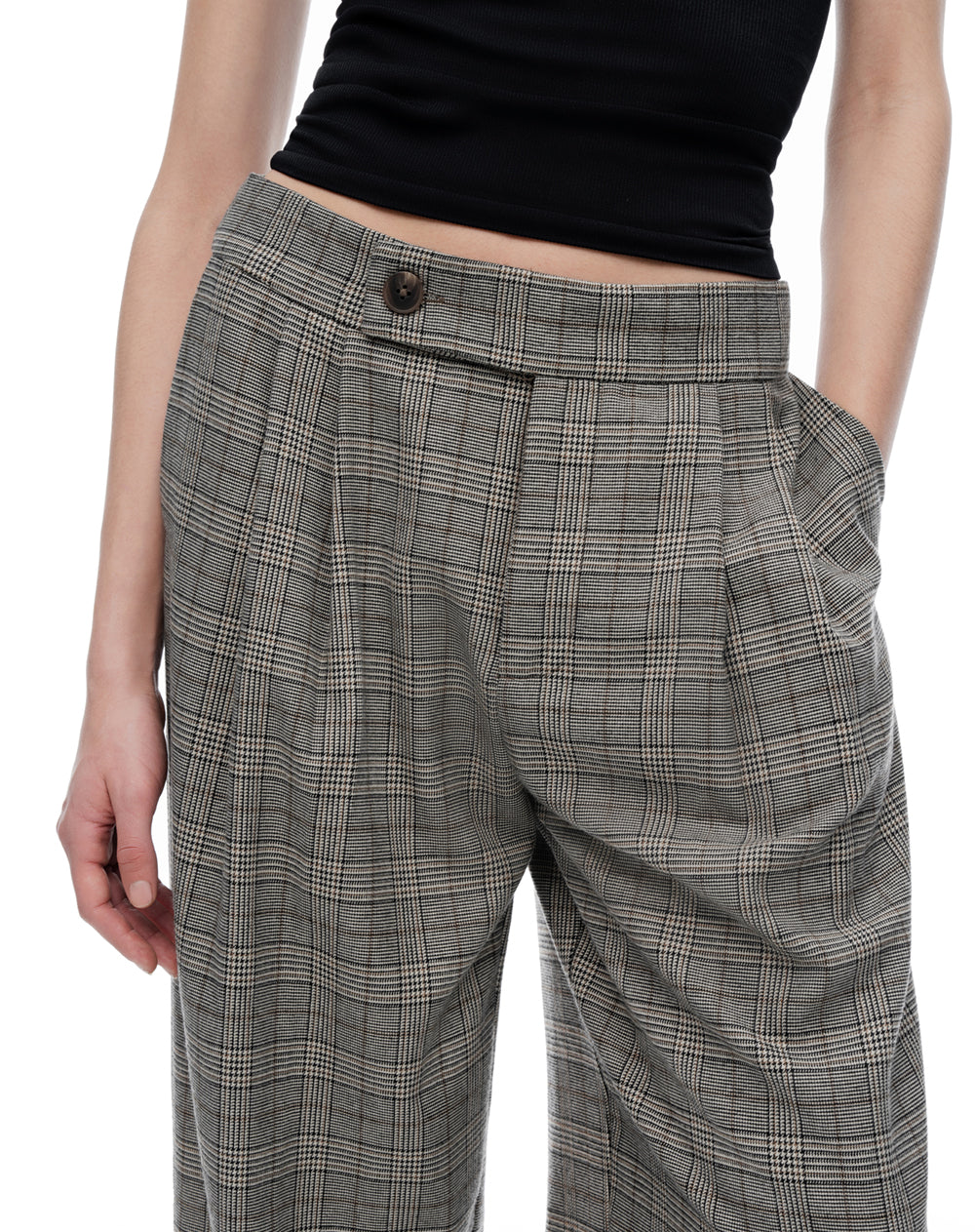 Pantalón wide leg tiro medio café cuadros mujer