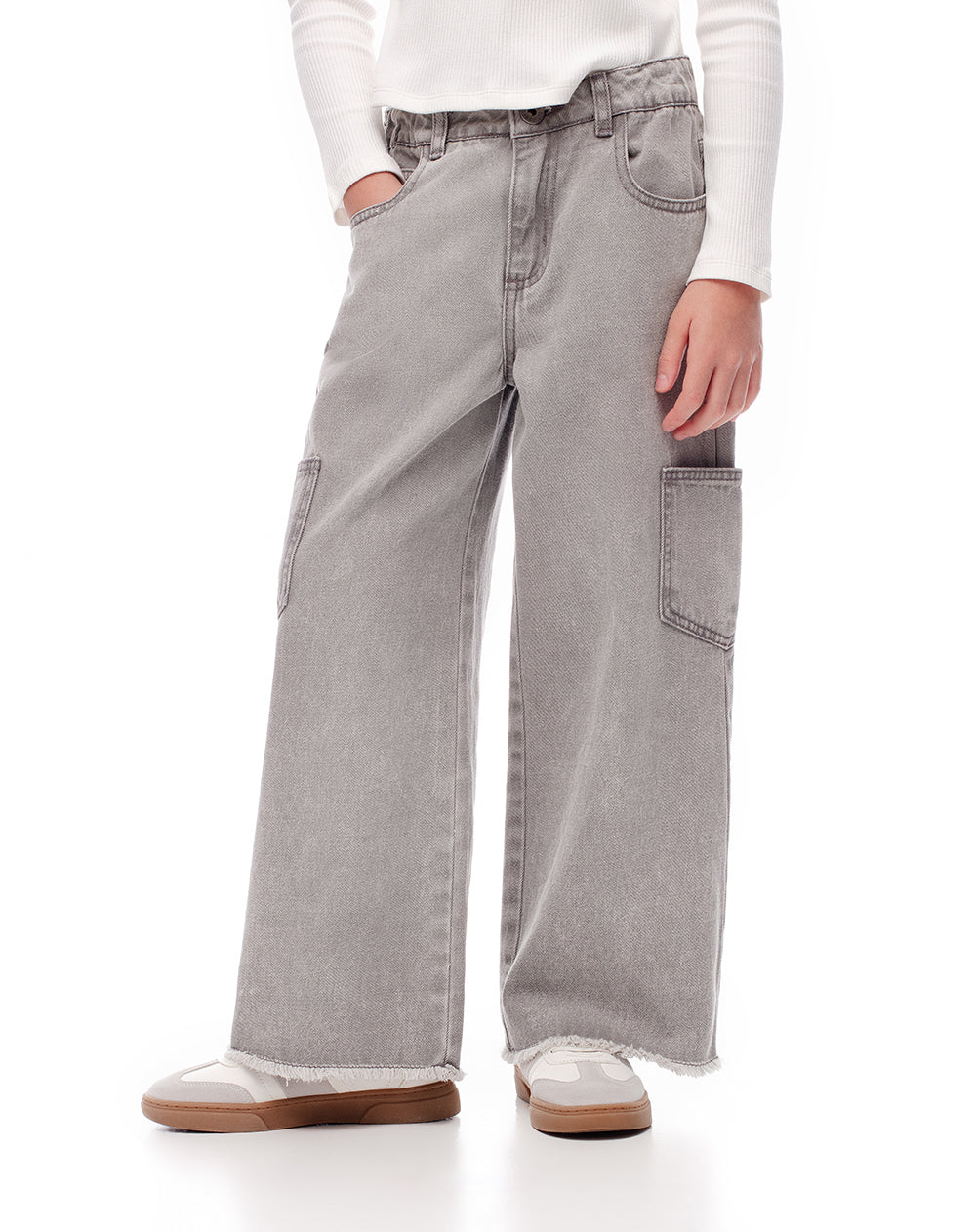 Jean cargo tiro medio elástico interno gris para niña