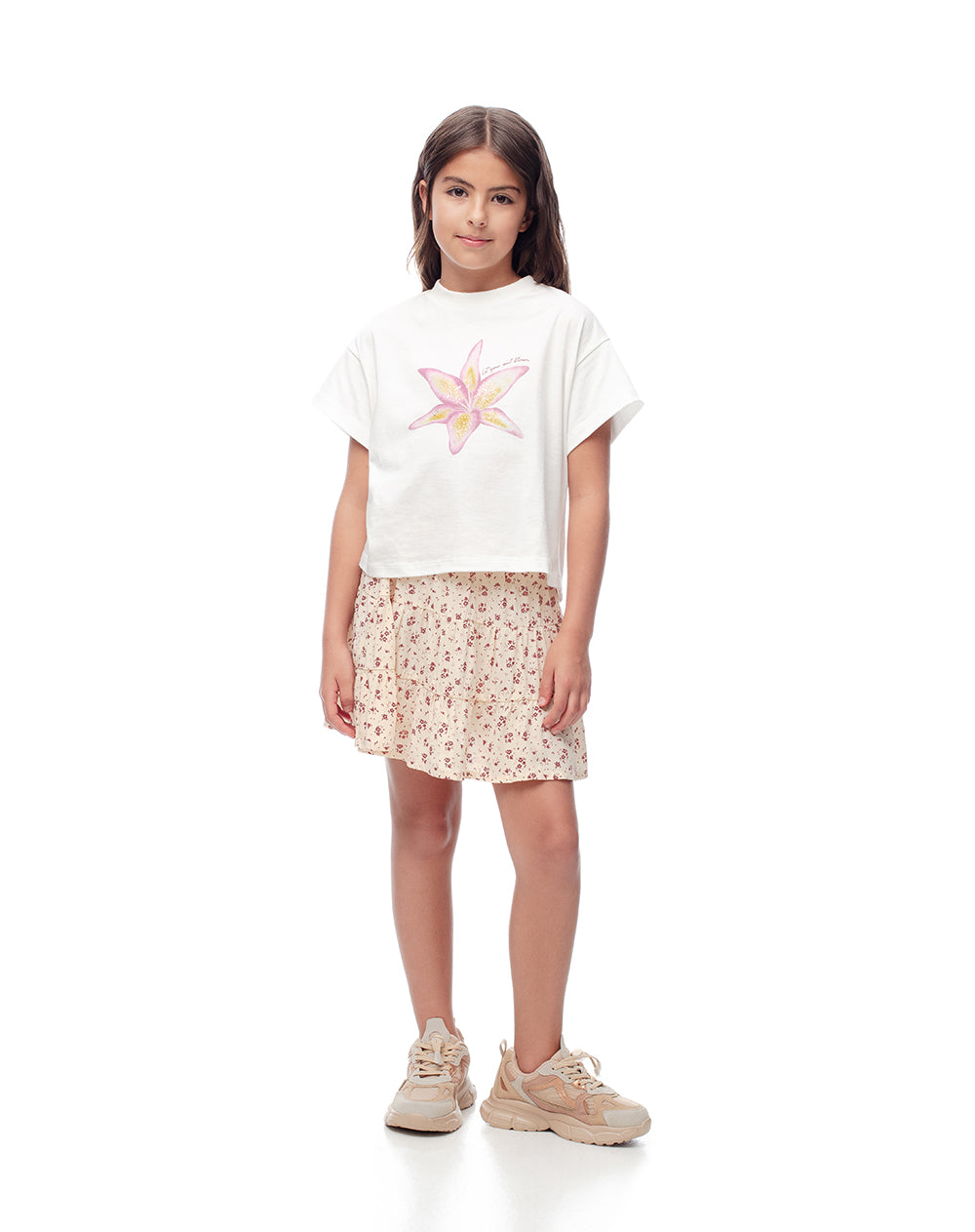 Falda tiro medio capas estampada niña