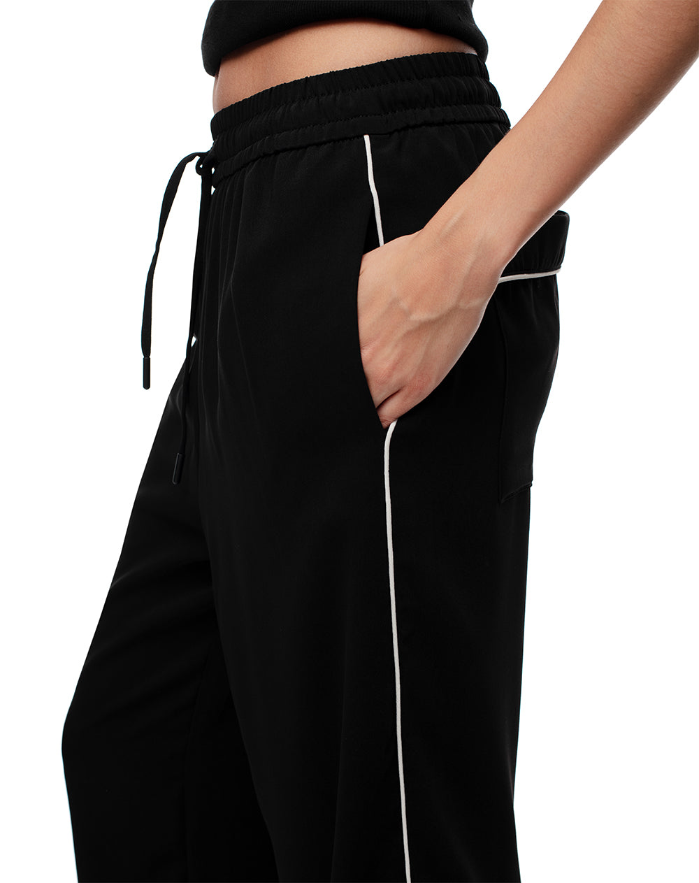 Pantalón recto tiro alto con cordón de ajuste negro para mujer