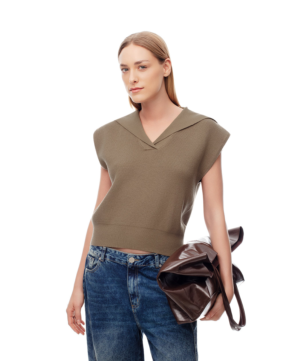 Chaleco oversize tejido café mujer