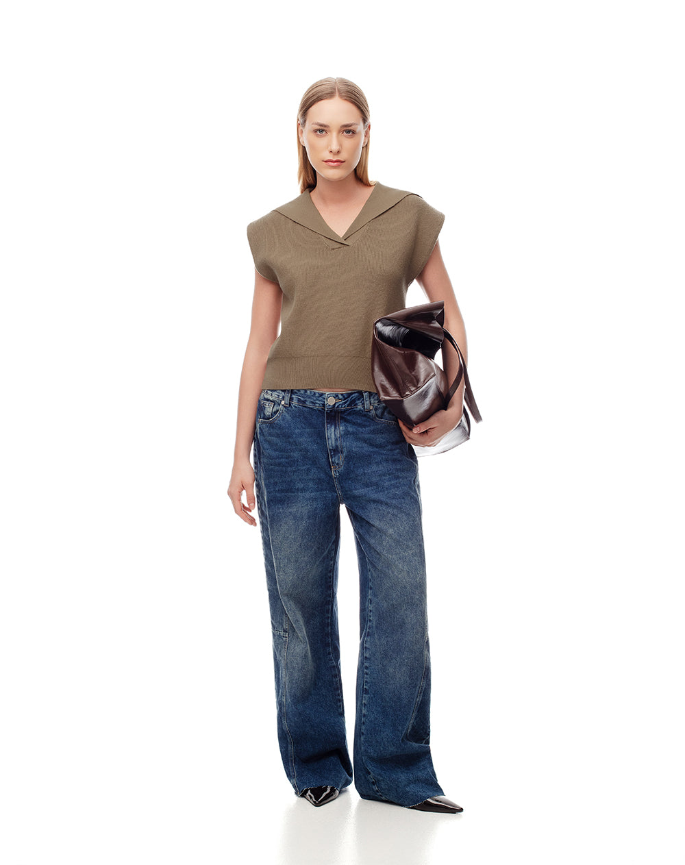 Chaleco oversize tejido café mujer