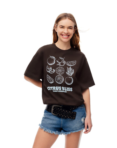 Camiseta oversize algodón chocolate estampada mujer