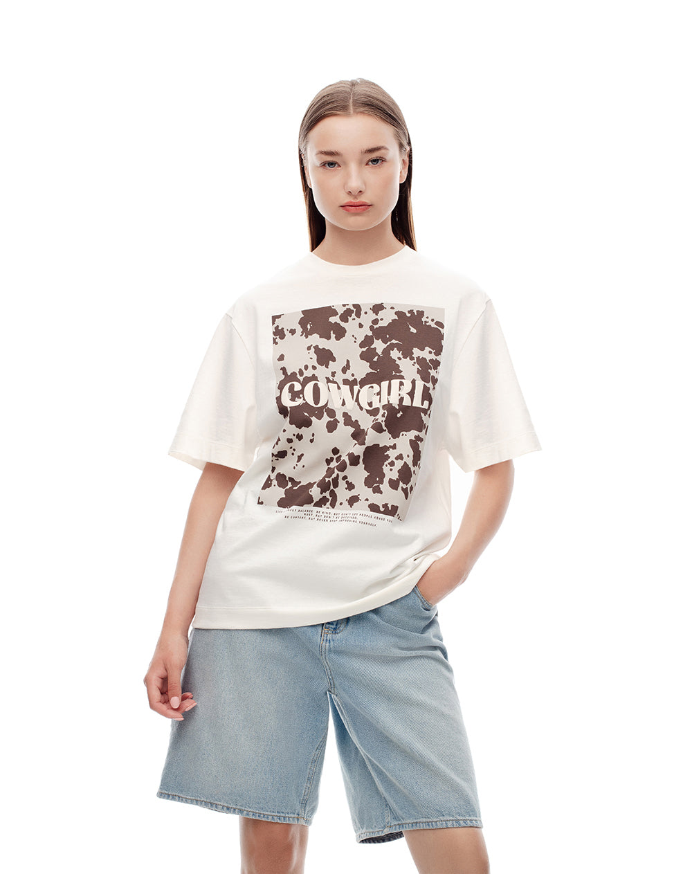 Camiseta oversize algodón habano estampada mujer