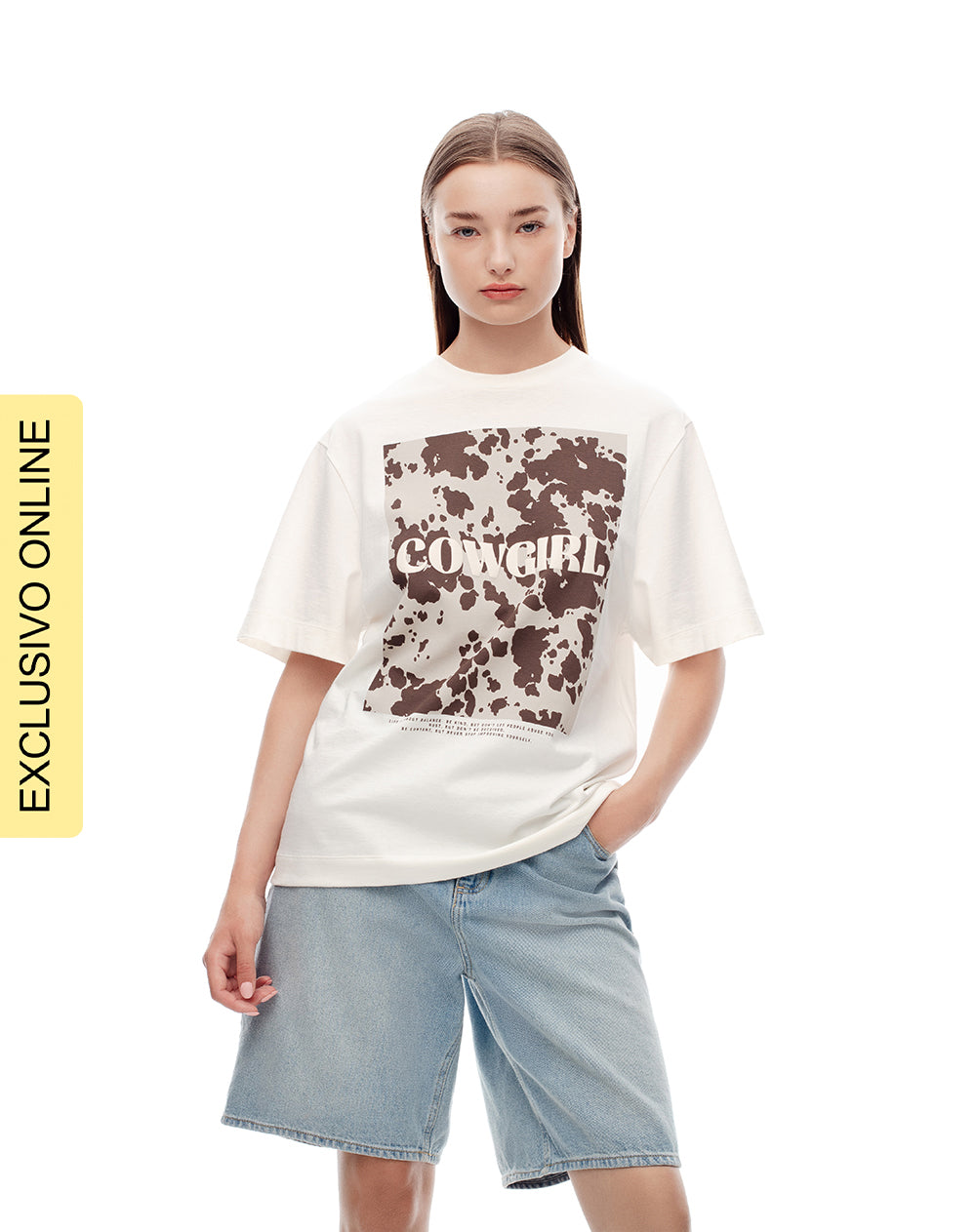 Camiseta oversize algodón habano estampada mujer
