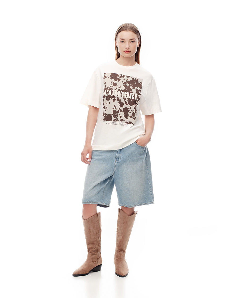 Camiseta oversize algodón habano estampada mujer