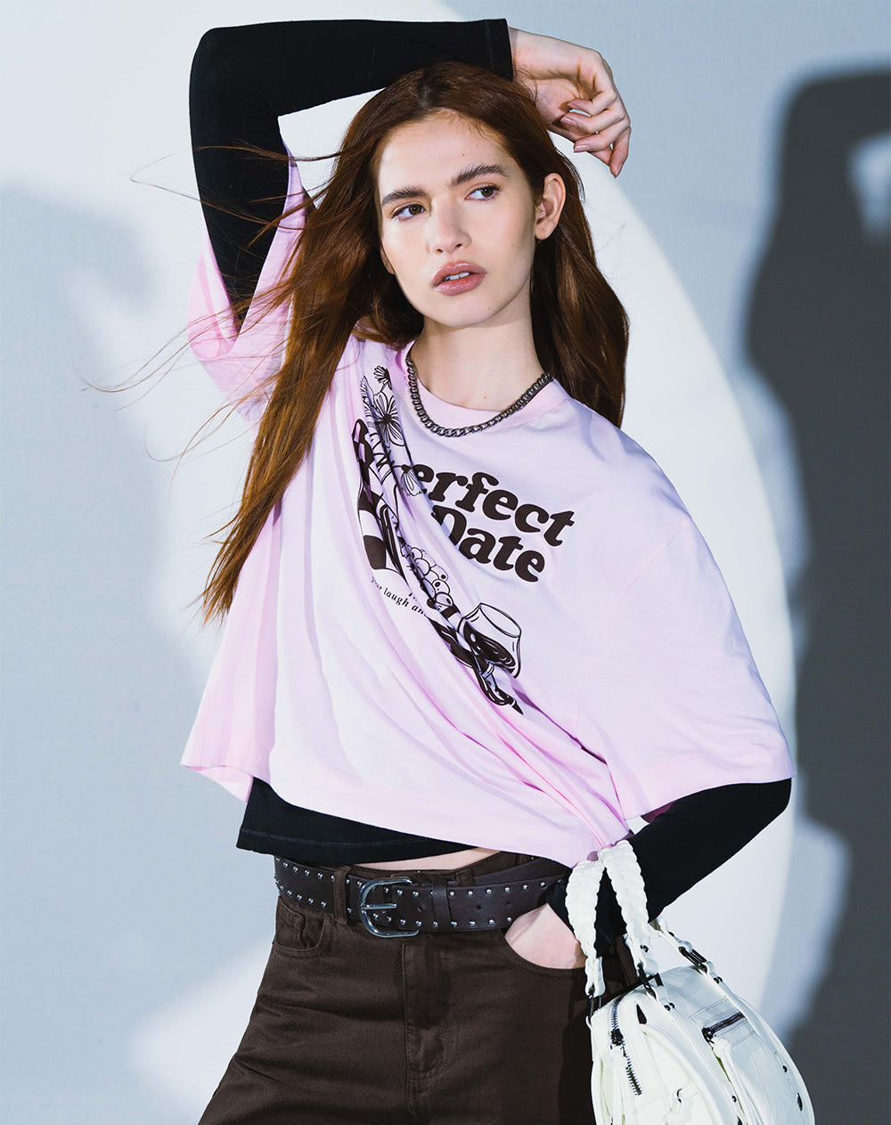 Camiseta oversize algodón rosa estampada mujer