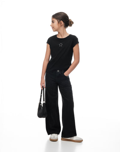 Jean wide leg tiro medio brillos negro niña