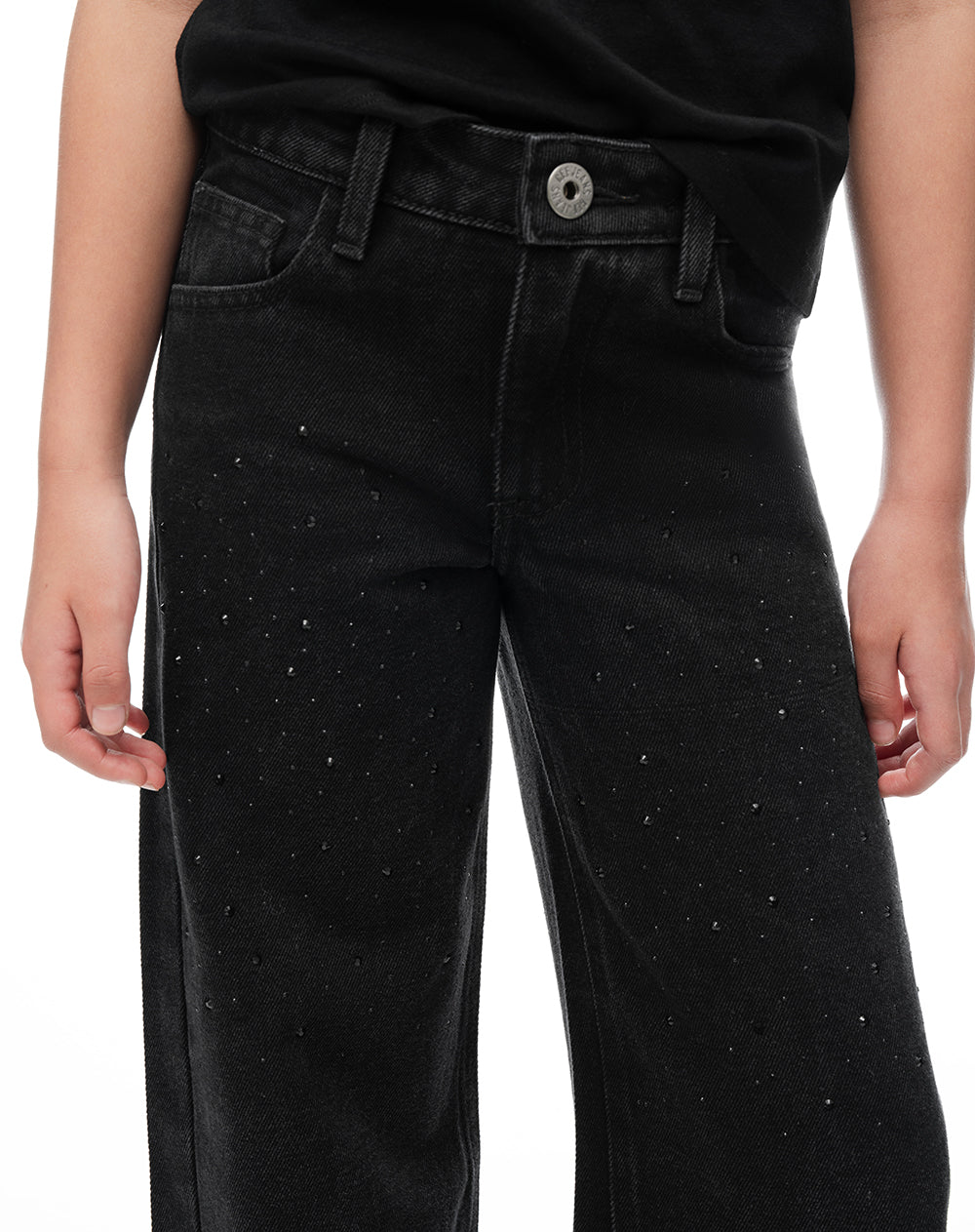 Jean wide leg tiro medio brillos negro niña