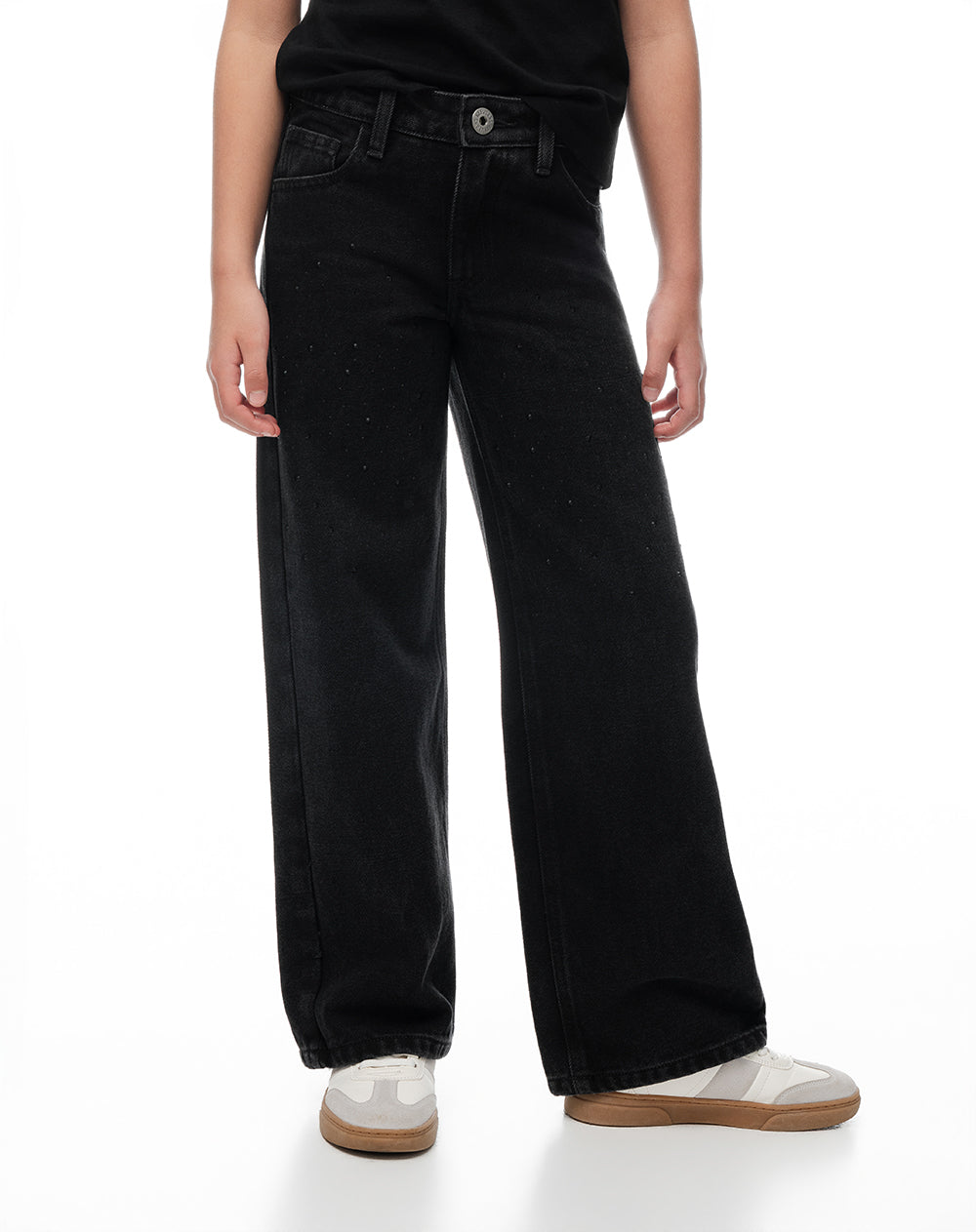 Jean wide leg tiro medio brillos negro niña