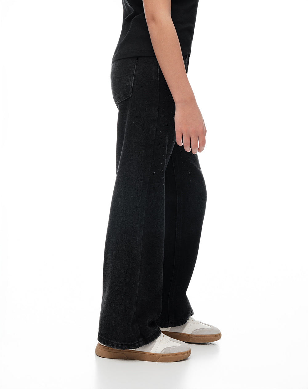 Jean wide leg tiro medio brillos negro niña