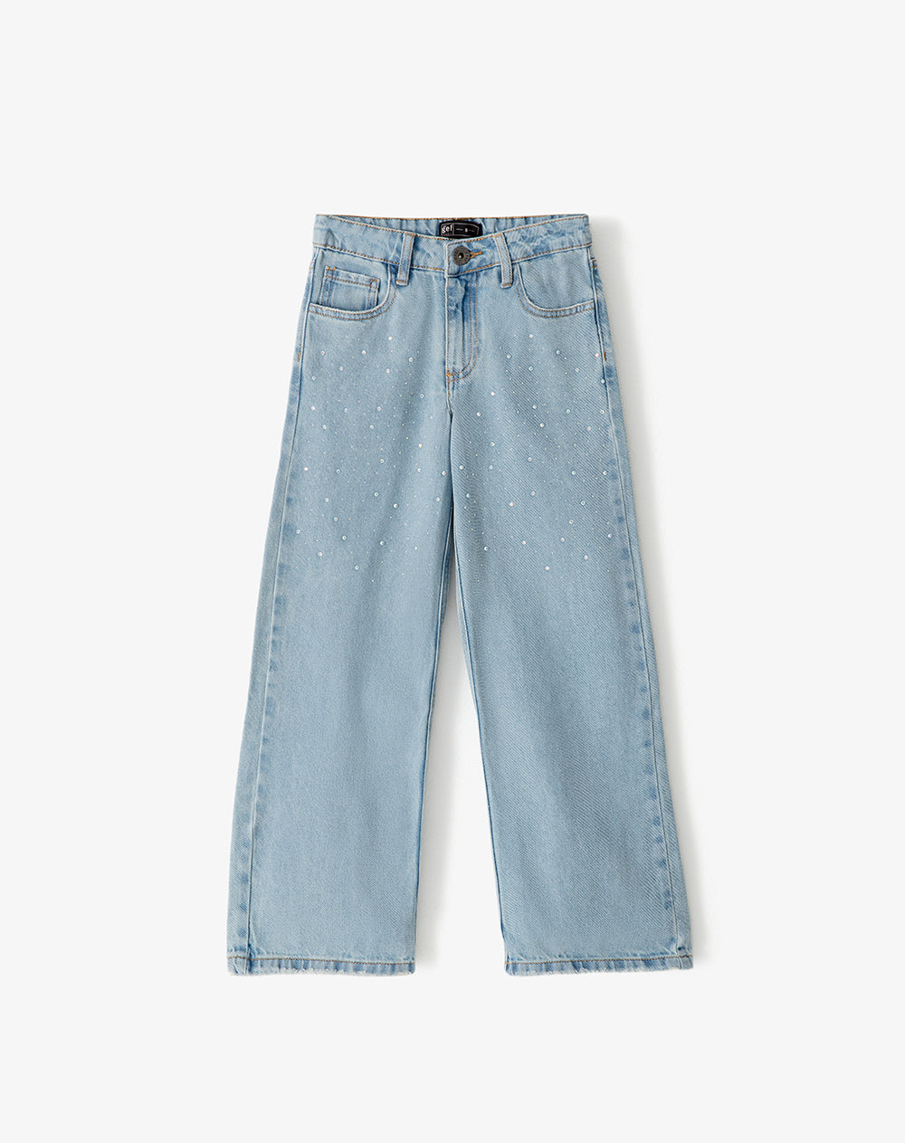 Jean wide leg tiro medio brillos índigo claro niña