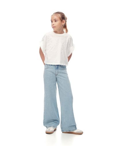 Jean wide leg tiro medio brillos índigo claro niña