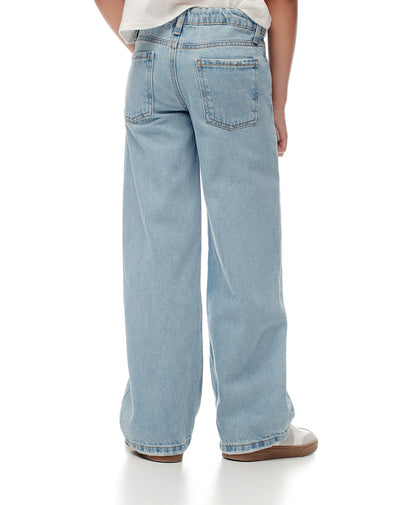 Jean wide leg tiro medio brillos índigo claro niña