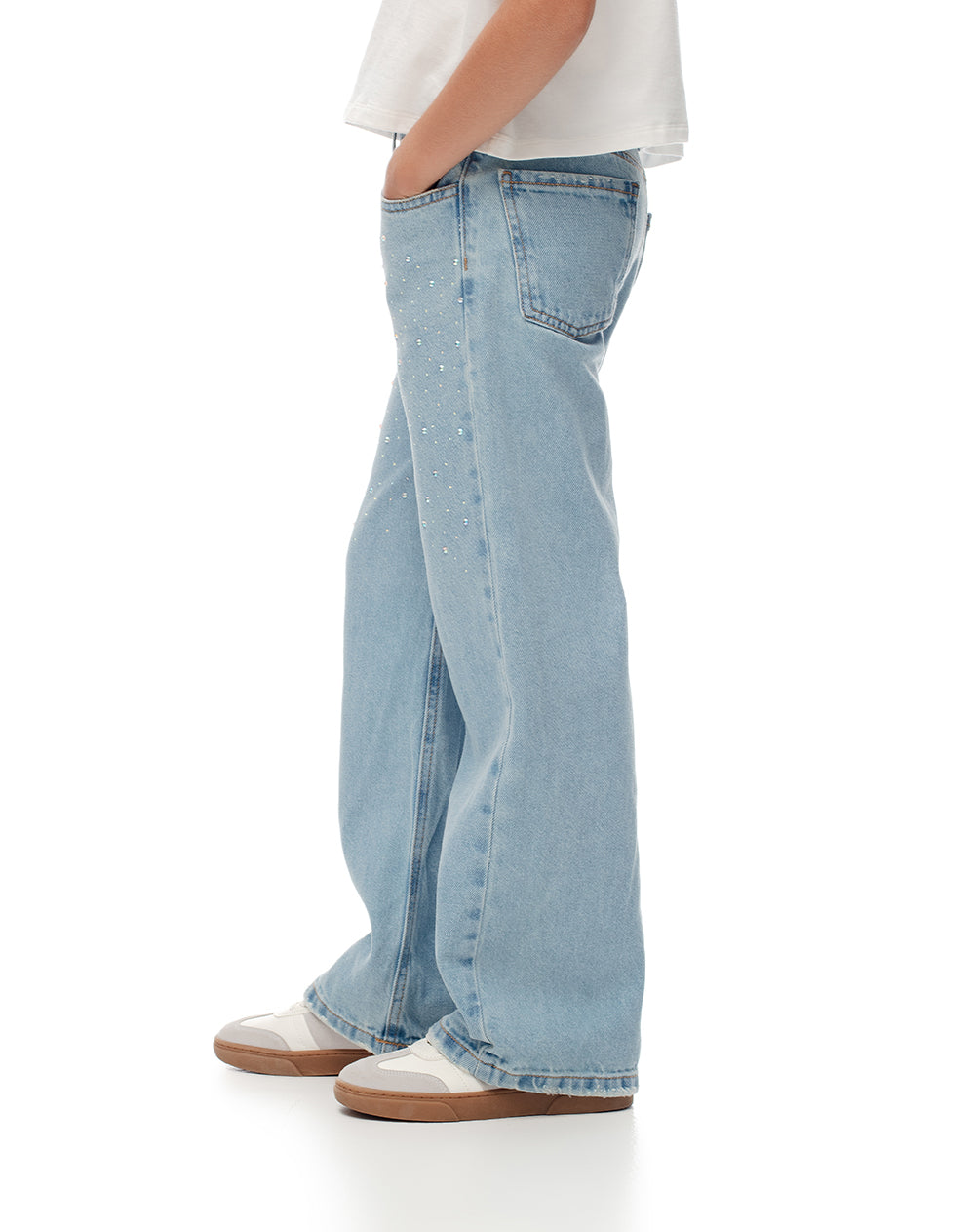 Jean wide leg tiro medio brillos índigo claro niña