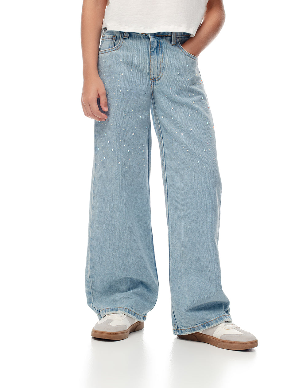 Jean wide leg tiro medio brillos índigo claro niña