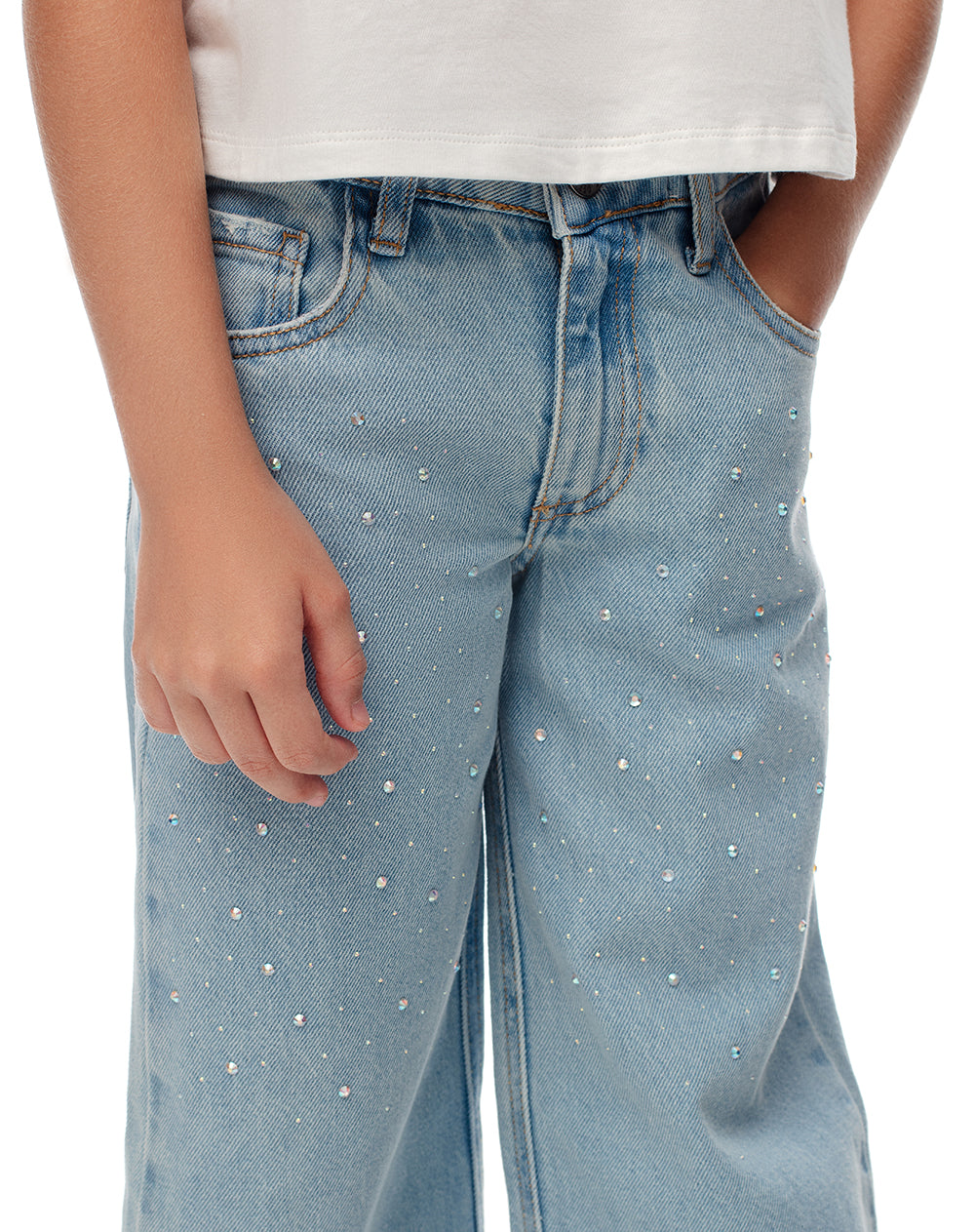 Jean wide leg tiro medio brillos índigo claro niña