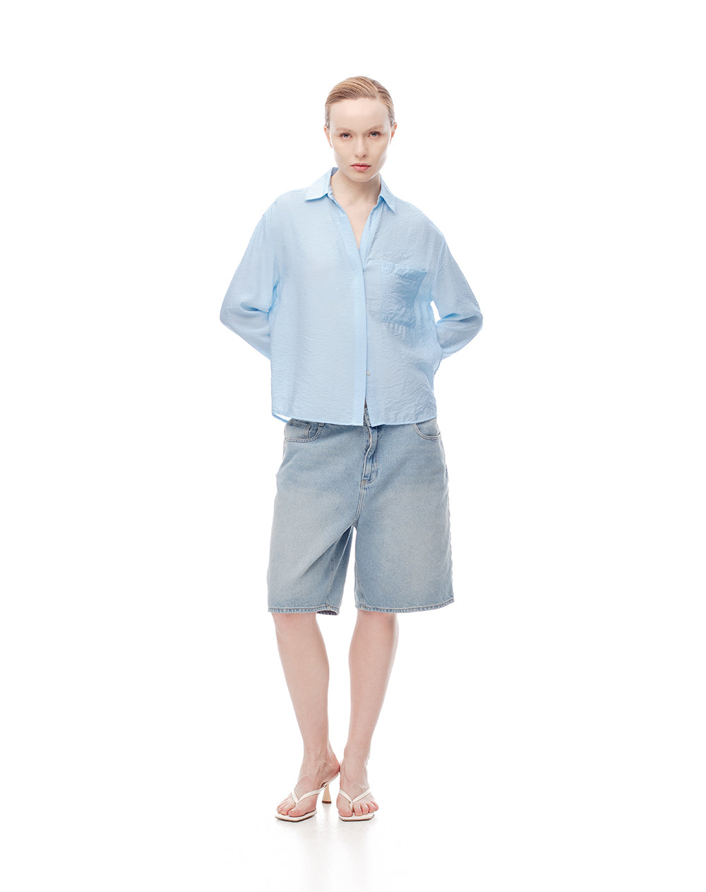 Camisa manga larga regular azul mujer