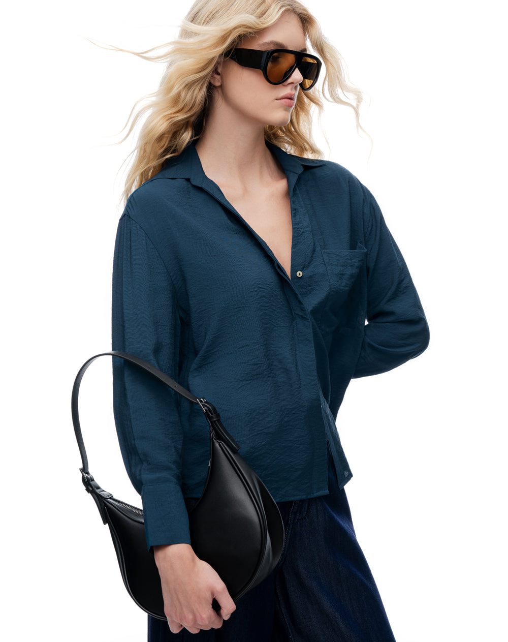 Camisa regular manga larga azul mujer