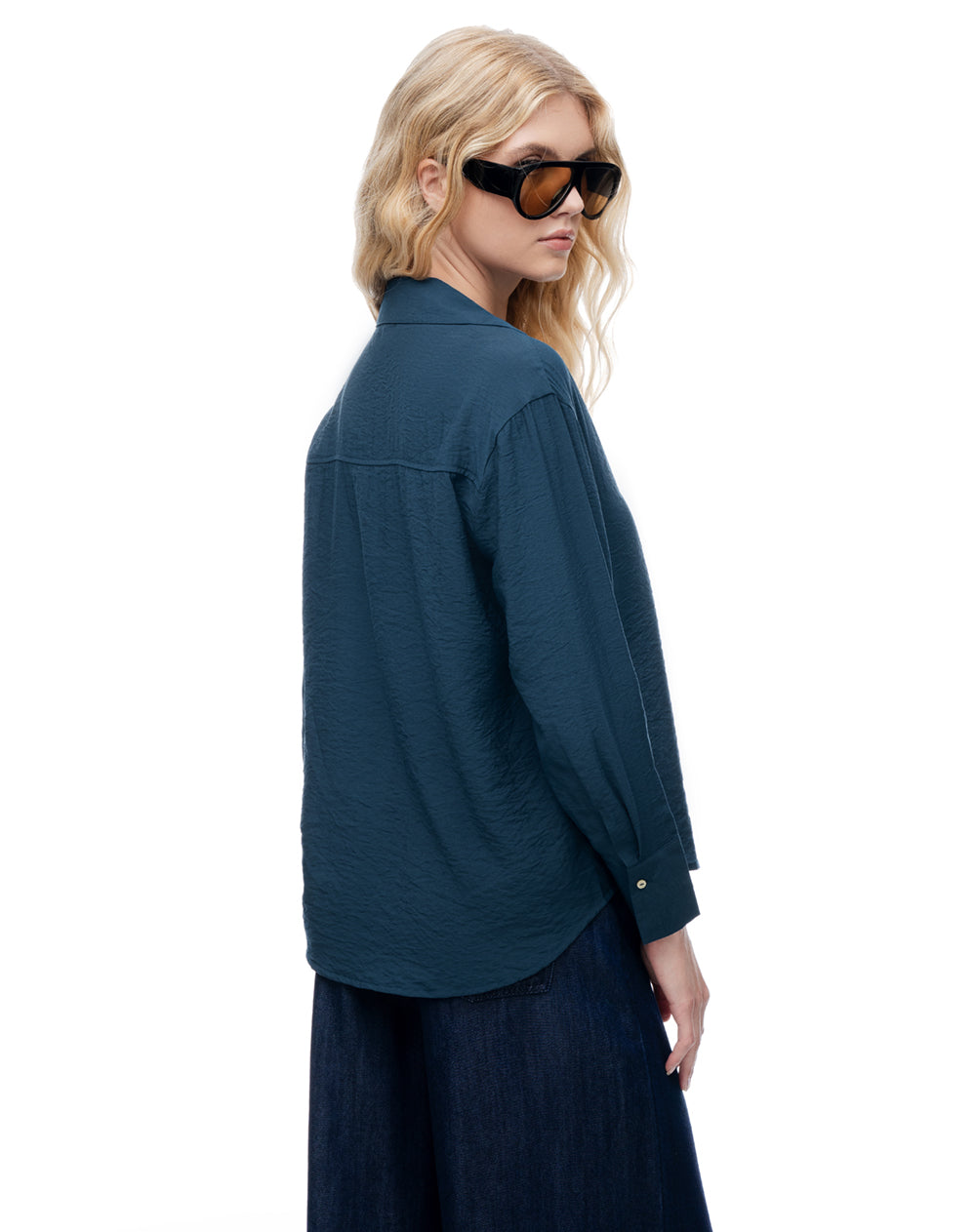 Camisa regular manga larga azul mujer