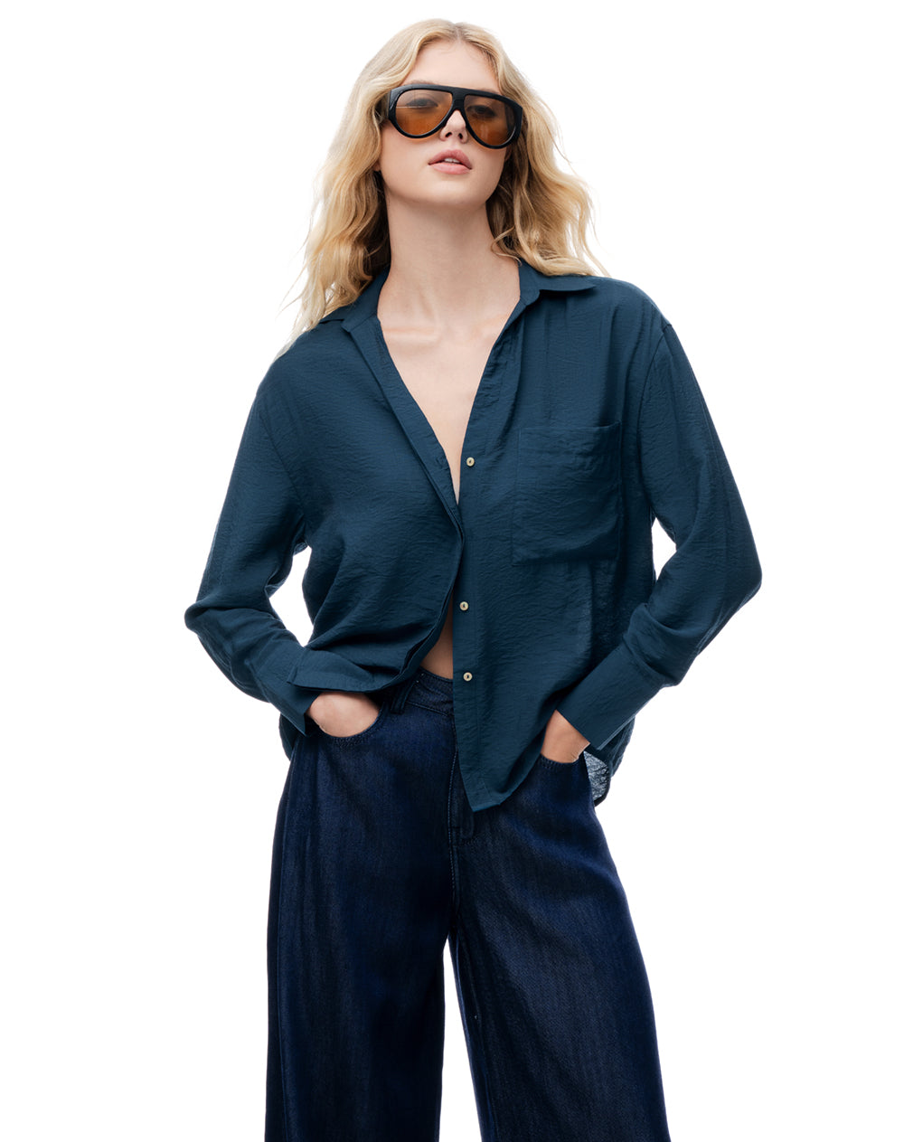 Camisa regular manga larga azul mujer
