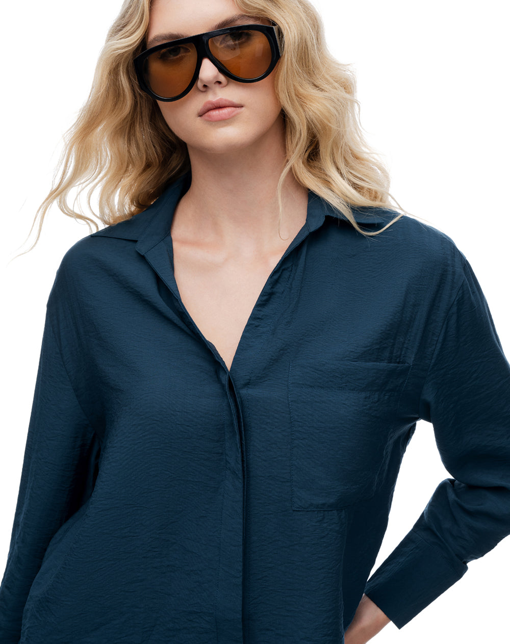 Camisa regular manga larga azul mujer
