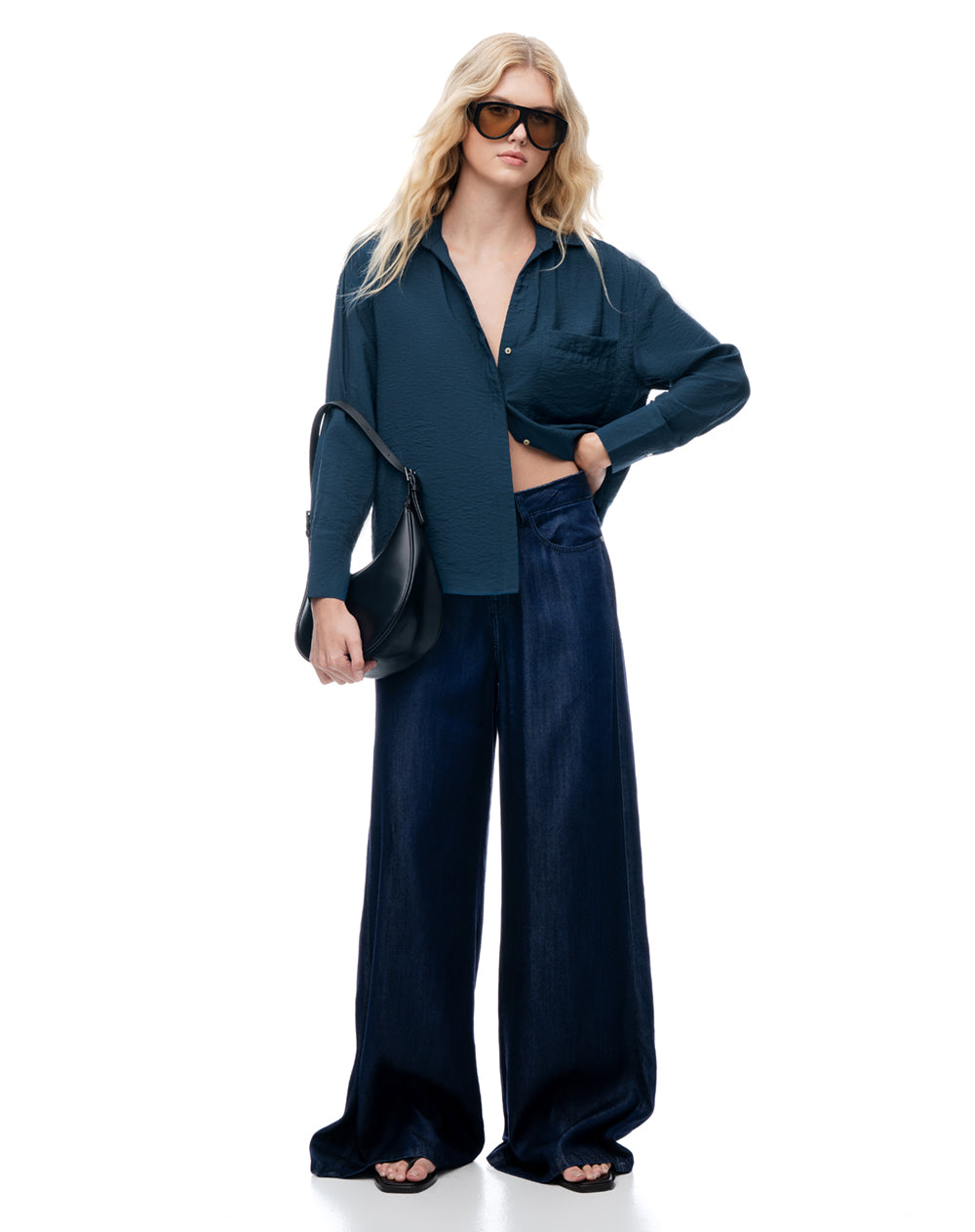 Camisa regular manga larga azul mujer