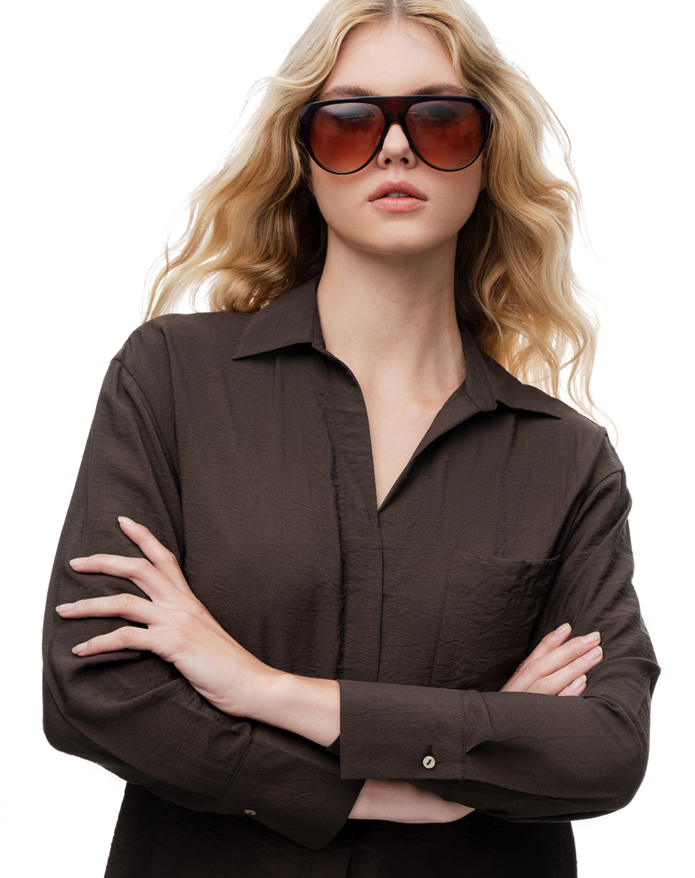 Camisa regular manga larga chocolate mujer