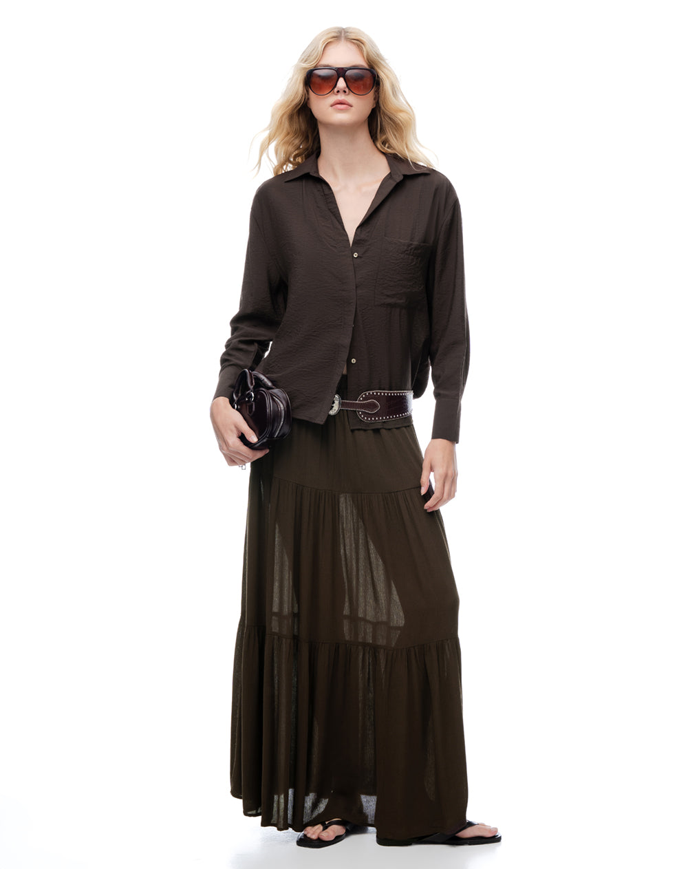 Camisa regular manga larga chocolate mujer