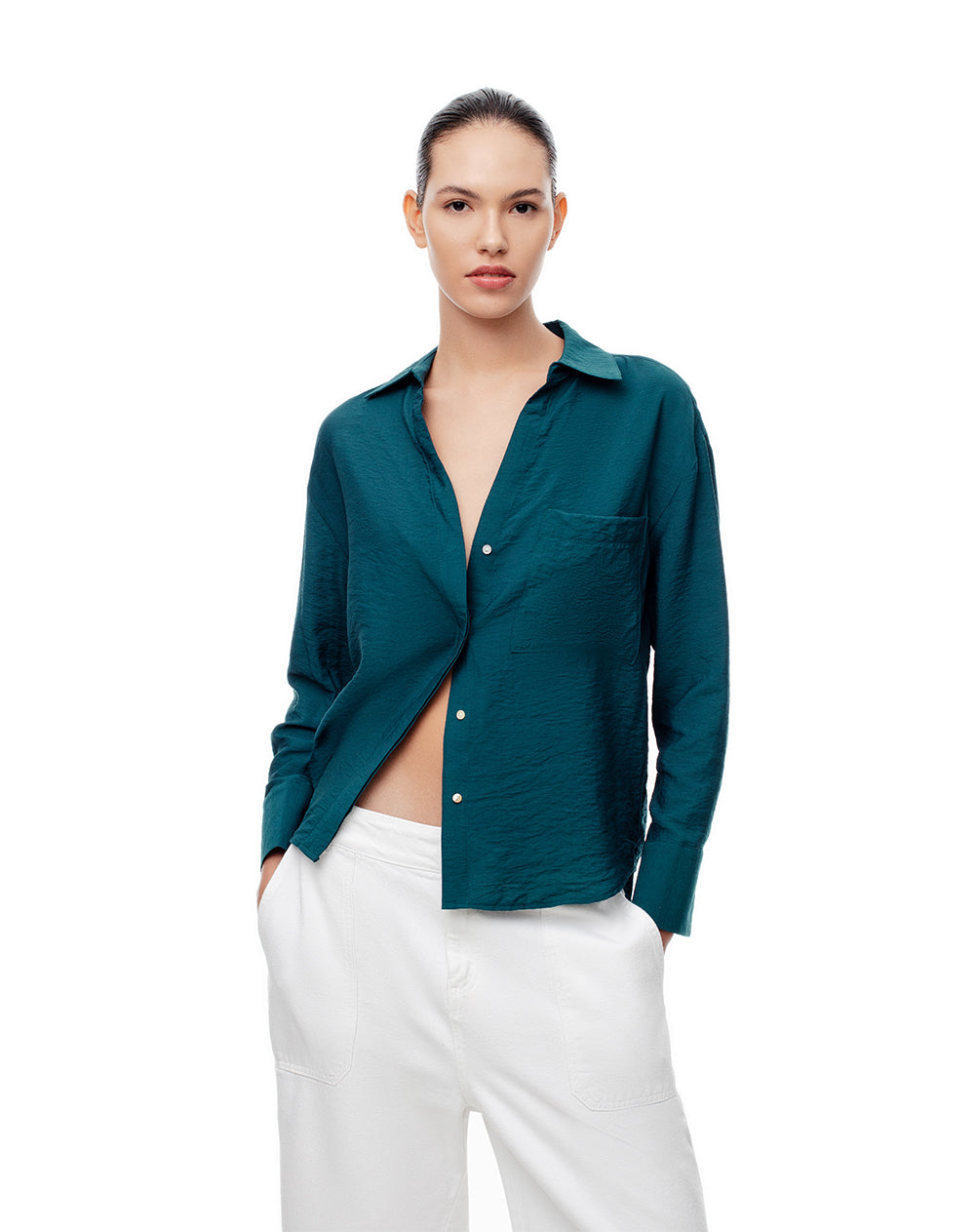 Camisa manga larga regular verde mujer