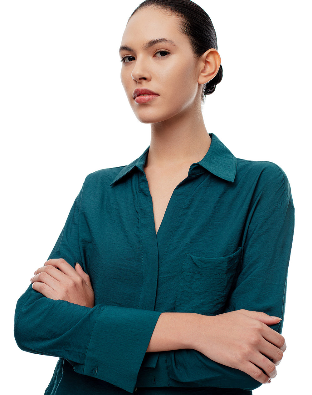 Camisa manga larga regular verde mujer