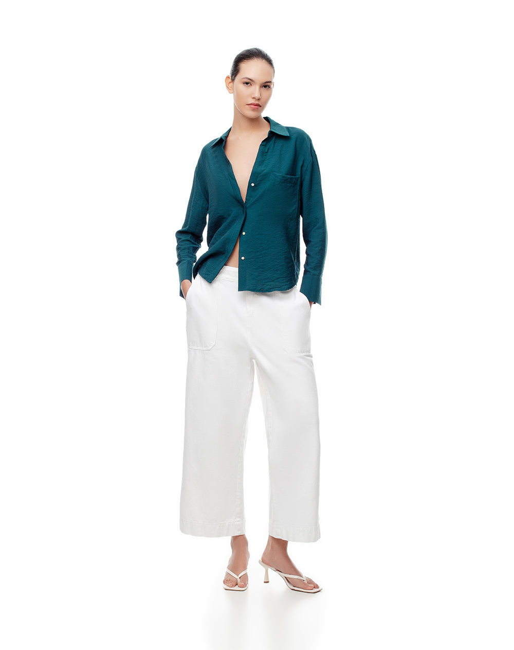 Camisa manga larga regular verde mujer