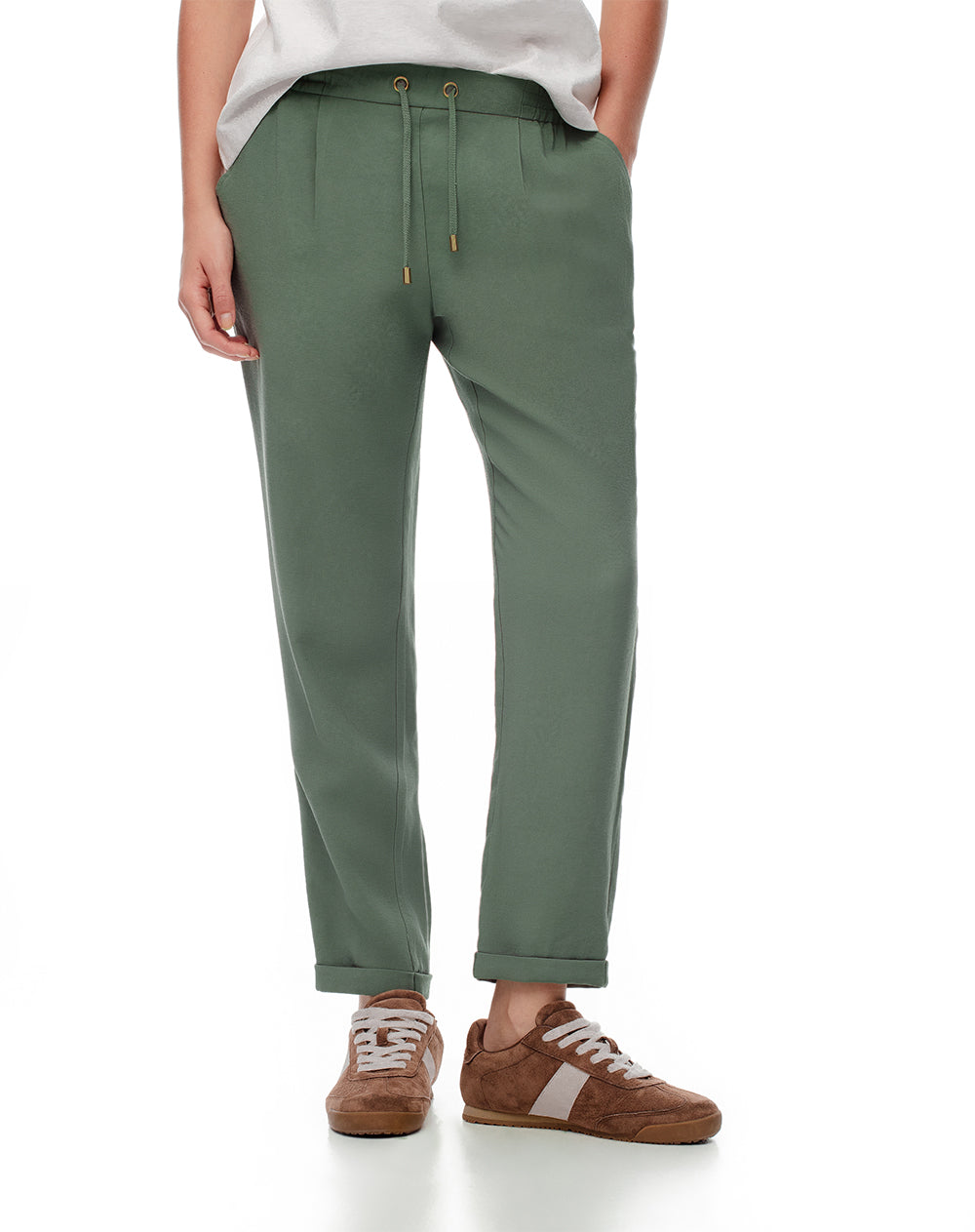 Pantalón tiro medio con cordón de ajuste verde para mujer