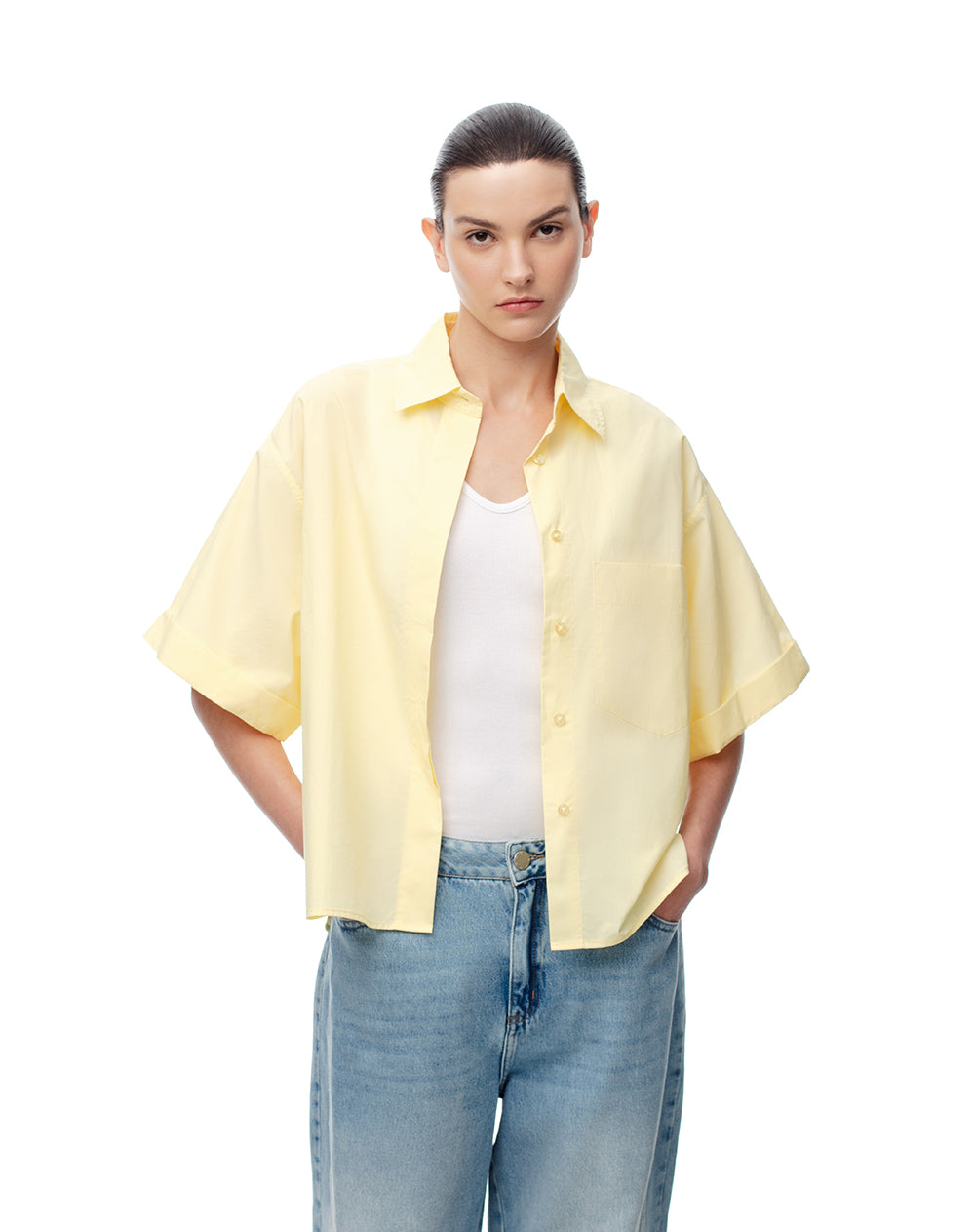 Camisa manga corta oversize algodón amarilla mujer